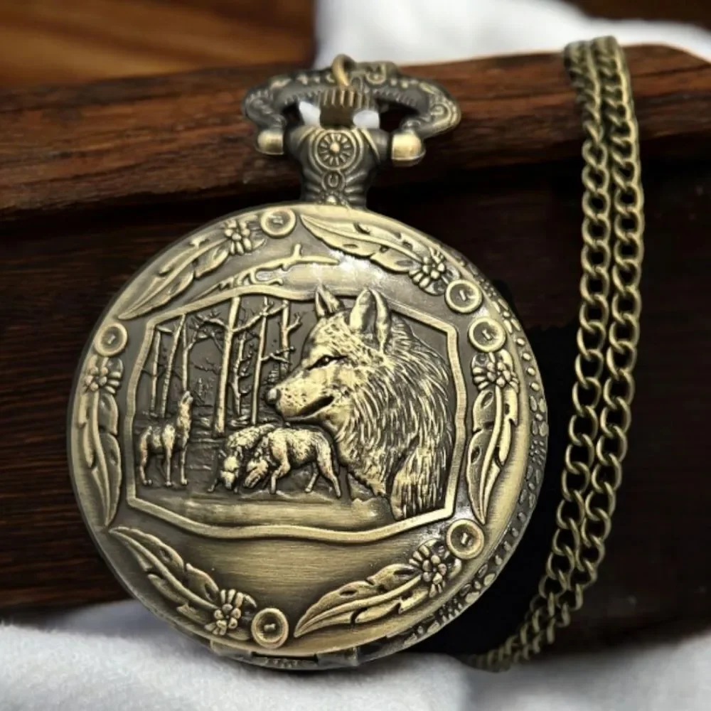 Steampunk Viking Wolf Pocket Watch Antique Bronze Norse Engraved Quartz Chain